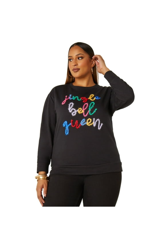 Women's Plus Size Jingle Bell Queen Embroidered Sweatshirt, Black