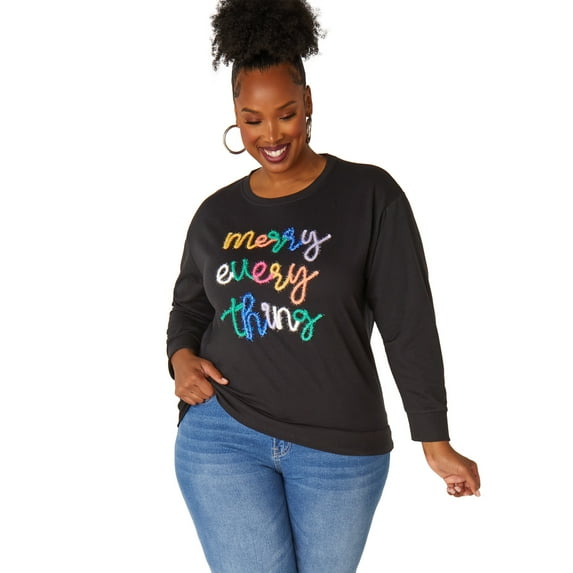 Ashley Stewart Women's Plus Size Merry Everything Embroidered Sweatshirt, Black