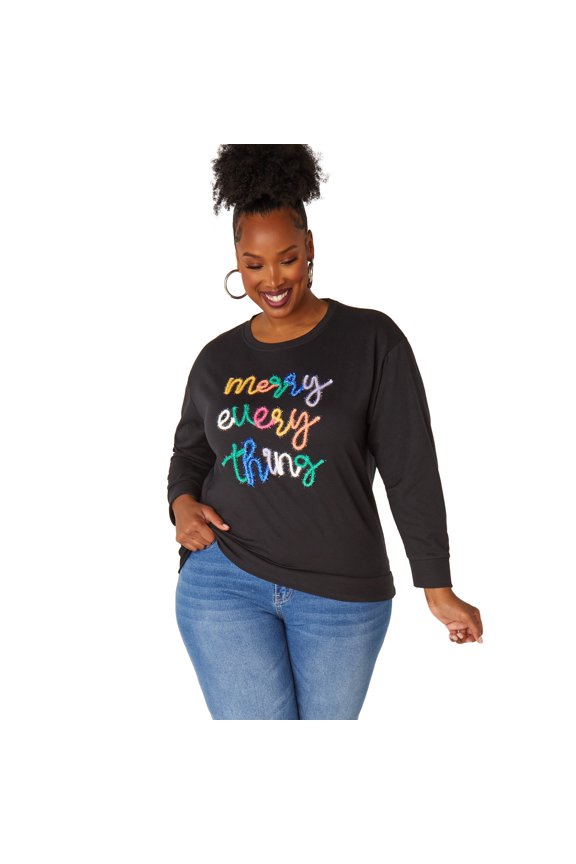 Women's Plus Size Merry Everything Embroidered Sweatshirt, Black