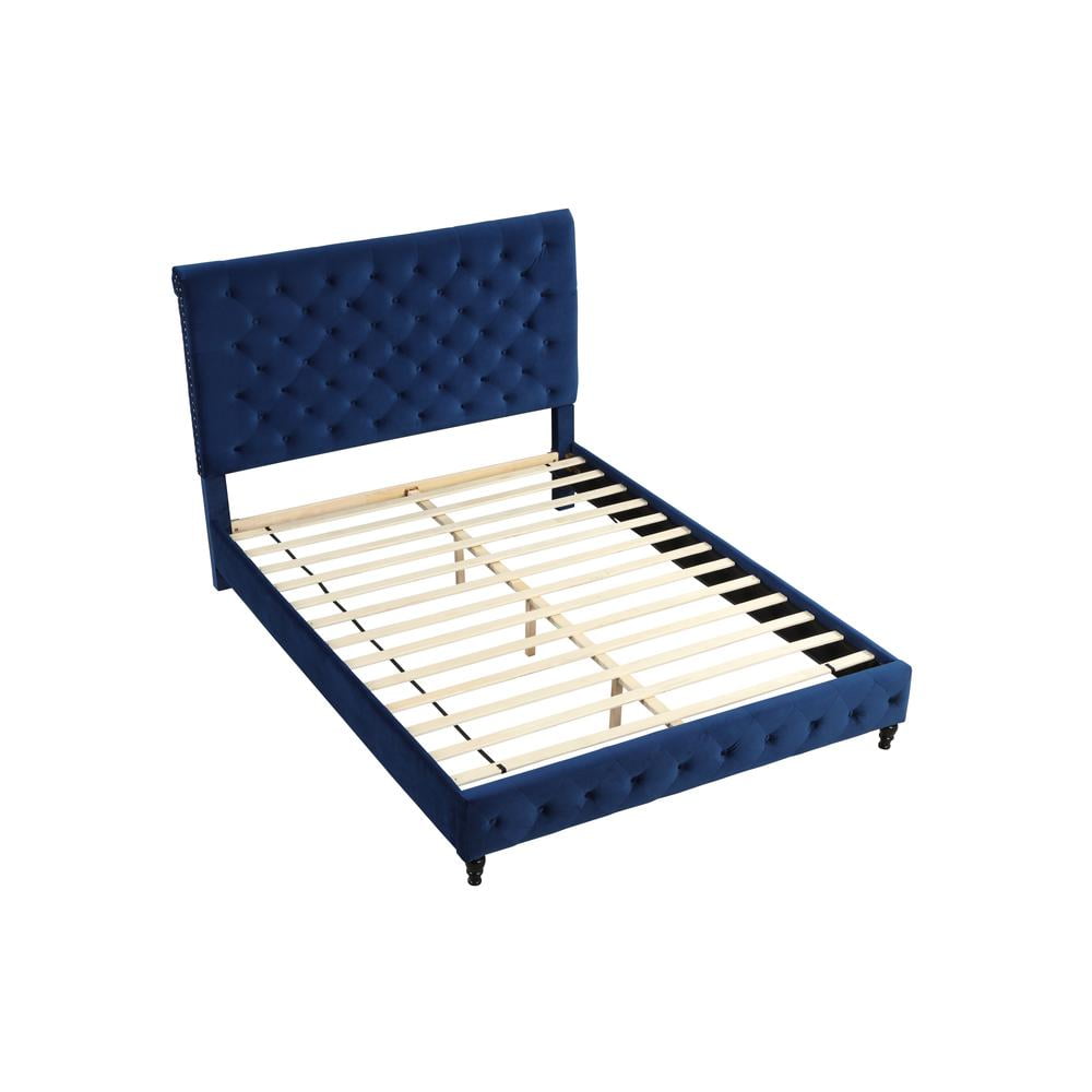 Regal Blue Velvet Tufted Cali King Bed with Nailhead Trim