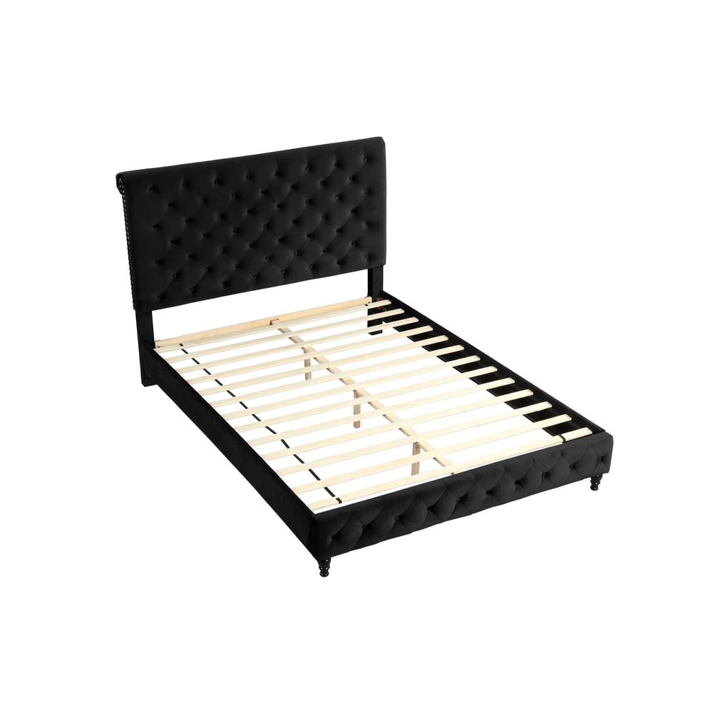Regal Black Velvet King Bed with Tufted Headboard and Nailhead Trim