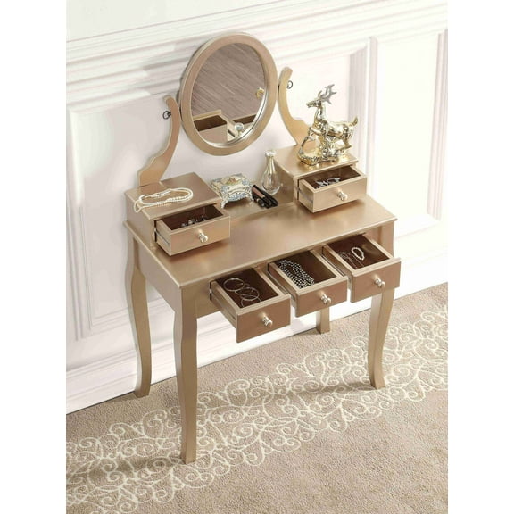 Ashley Wood Make-Up Vanity Table and Stool Set, Ashley Wood Makeup Vanity Table and Stool Set, Gold On-Site