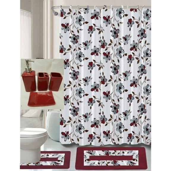 Ashley burgundy Bathroom rug, mat non slip soft shaggy with shower curtain 12 hook and 4 pc matching ceramic accessories toothbrush holder, toothpaste holder, soap pump and soap dish