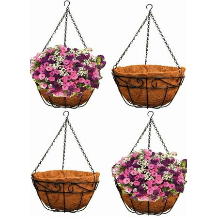 Ashman 14 Inch Metal Hanging Planter Basket with Coco Coir Liner Round Wire  Holder Chain Porch Decor Flower Pots Hanger Garden Decoration Indoor Outdoor Watering Hanging Baskets (4)