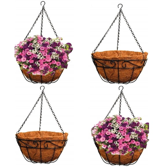Ashman 16-Inch Metal Hanging Planter Basket with Coco Coir Liner, Round Wire Plant Holder, Indoor Outdoor, 4-Pack