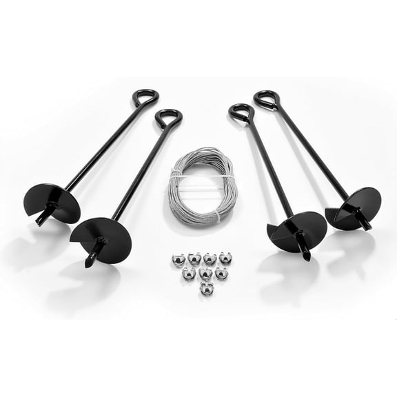 Ashman Ground Anchor with 50 Feet of Galvanized Wire with Clamps Ideal for Securing Animals, Tents, Canopies, Sheds, Car Ports, Swing Sets; Powder-Coated Solid Steel Auger Pack of 4