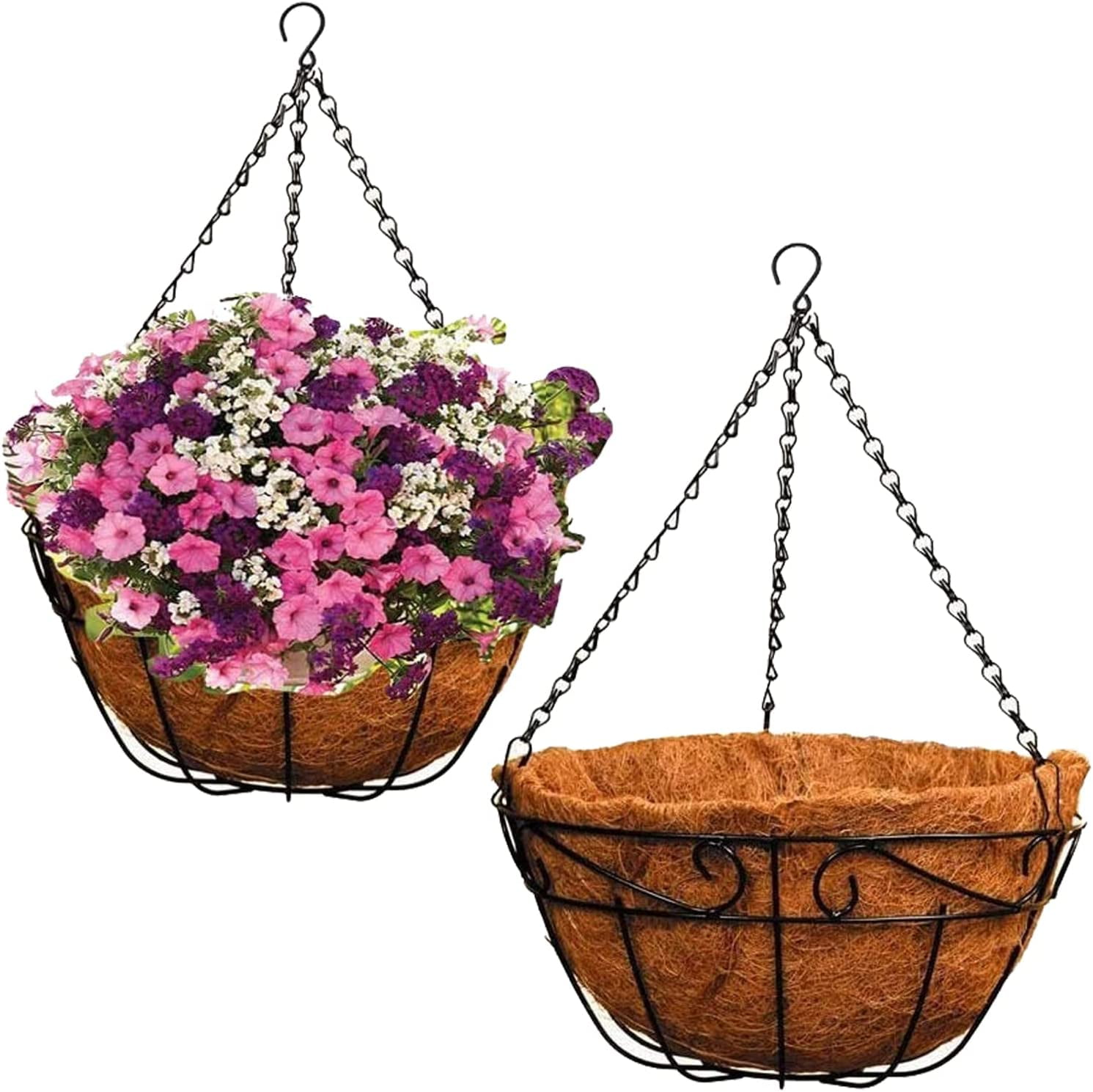 12-Inch Black Metal Hanging Planter Basket with Coco Liner, 2-Pack