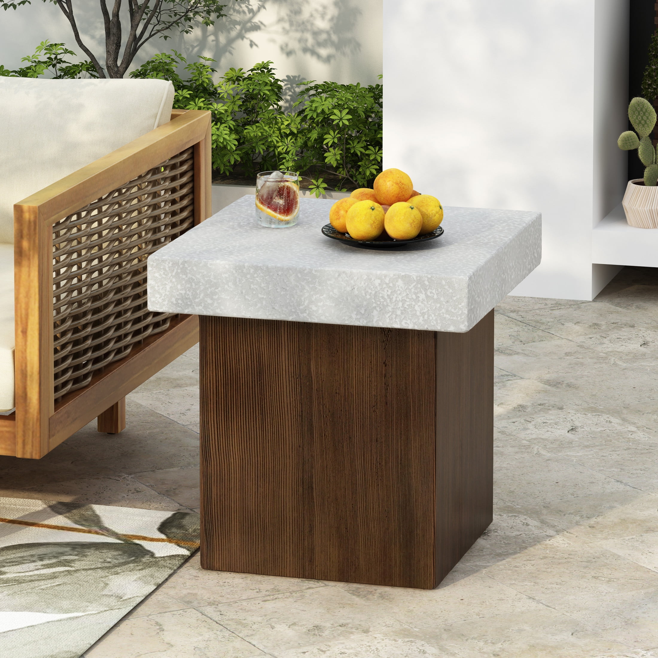Ashmore Outdoor Patio Square Side Table, MGO, Antique White + Natural Wood Finish