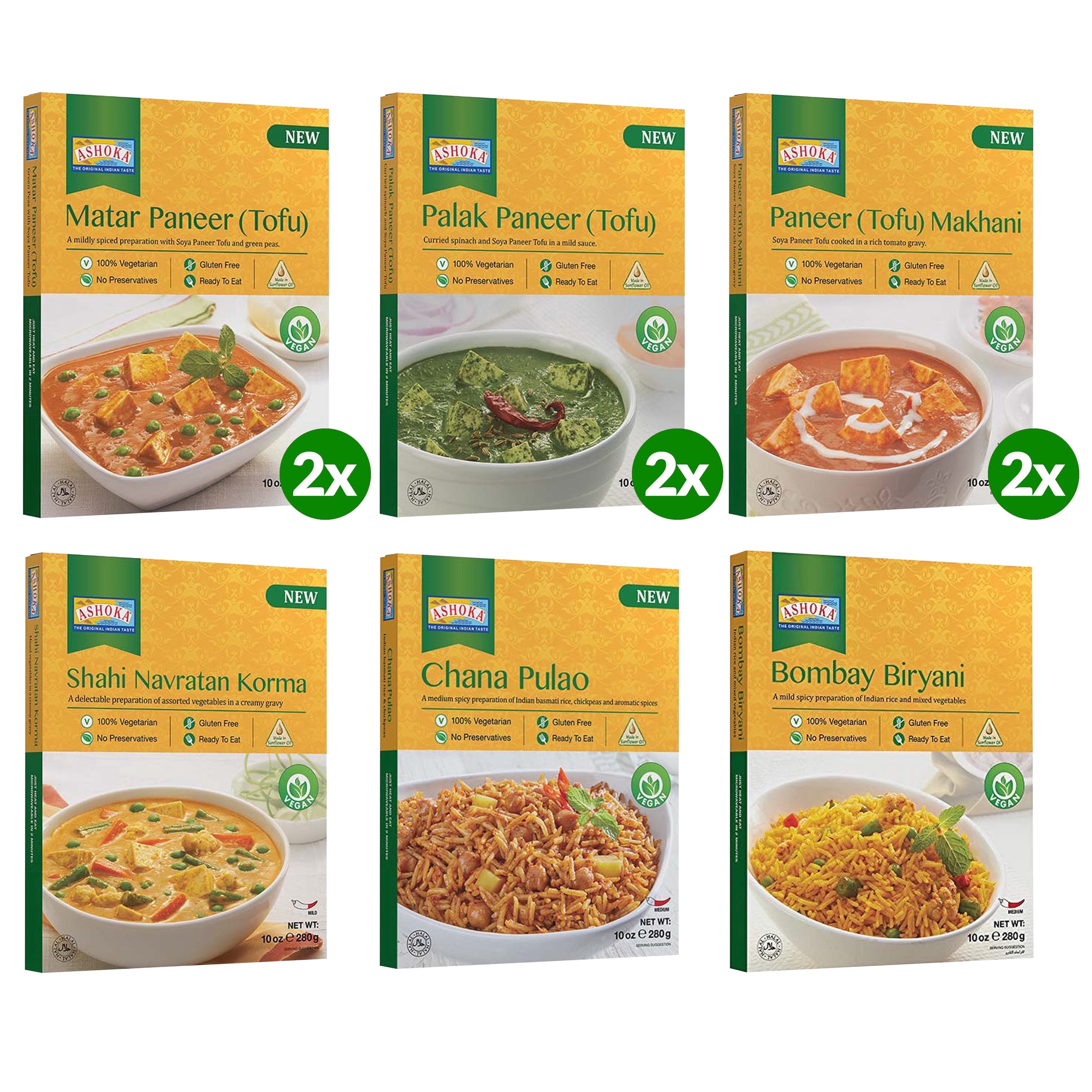 Ashoka 1932 Gluten-Free Meal Kits, Vegan Tofu Paneer Assortment, All-Natural Variety Pack, Heat & Eat Travel Friendly Meals, Authentic Indian Food with No Preservatives, Pack of 9