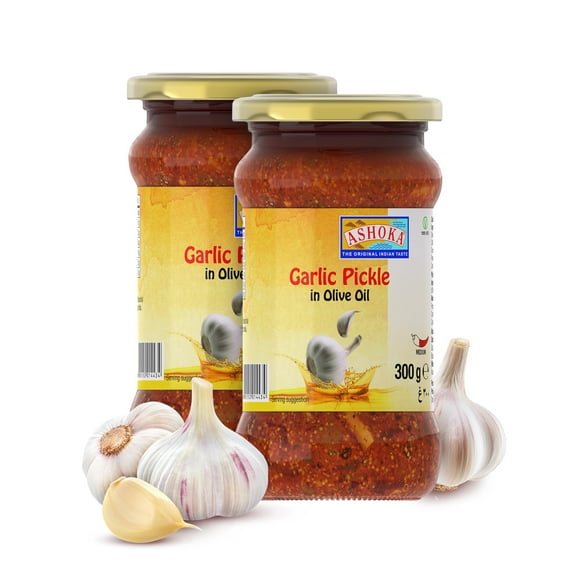Ashoka 1932 | Pickled Garlic in Olive Oil | All Natural | Indian Pickle Jar | Made with Indian Spices | Pickle Snacks | Medium Spiced | Vegan | Kosher Certified | 300 Grams (Pack of 2)