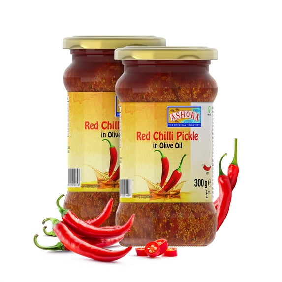 Ashoka 1932 | Premium Olive Oil Pickle | All Natural | Red Chili | Suitable for Vegetarians | Kosher Certified | Authentic Indian Achaar | Gourmet Pickles | Pickle Relish | 300 Grams (Pack of 2)
