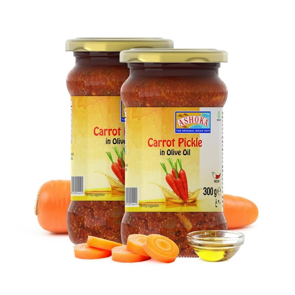 Ashoka 1932 | Traditional Pickle in Olive Oil | All Natural | Authentic Indian | Pickled Carrots in a Jar | Great for Salads | Wraps | Medium Spiced | Pickle Relish | 300 Grams (Pack of 2)