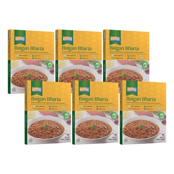 Ashoka All-Natural Entrees 1932, Vegan Mashed Aubergines, Kosher Certified, Microwave Ready Meals, Authentic Baigan Bharta, Portable Backpack Friendly Food, Gluten-Free, No Preservatives, Pack of 6