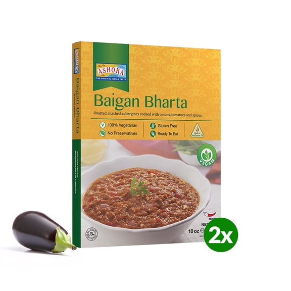 Ashoka All-Natural Entrees 1932, Vegan Mashed Aubergines, Kosher Certified, Microwave Ready Meals, Authentic Baigan Bharta, Portable Backpack Friendly Food, Gluten-Free, No Preservatives, Pack of 2