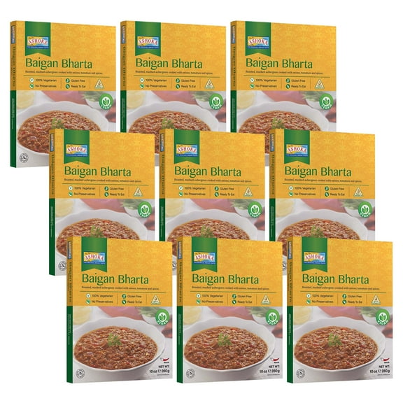 Ashoka All-Natural Entrees 1932, Vegan Mashed Aubergines, Kosher Certified, Microwave Ready Meals, Authentic Baigan Bharta, Portable Backpack Friendly Food, Gluten-Free, No Preservatives, Pack of 9
