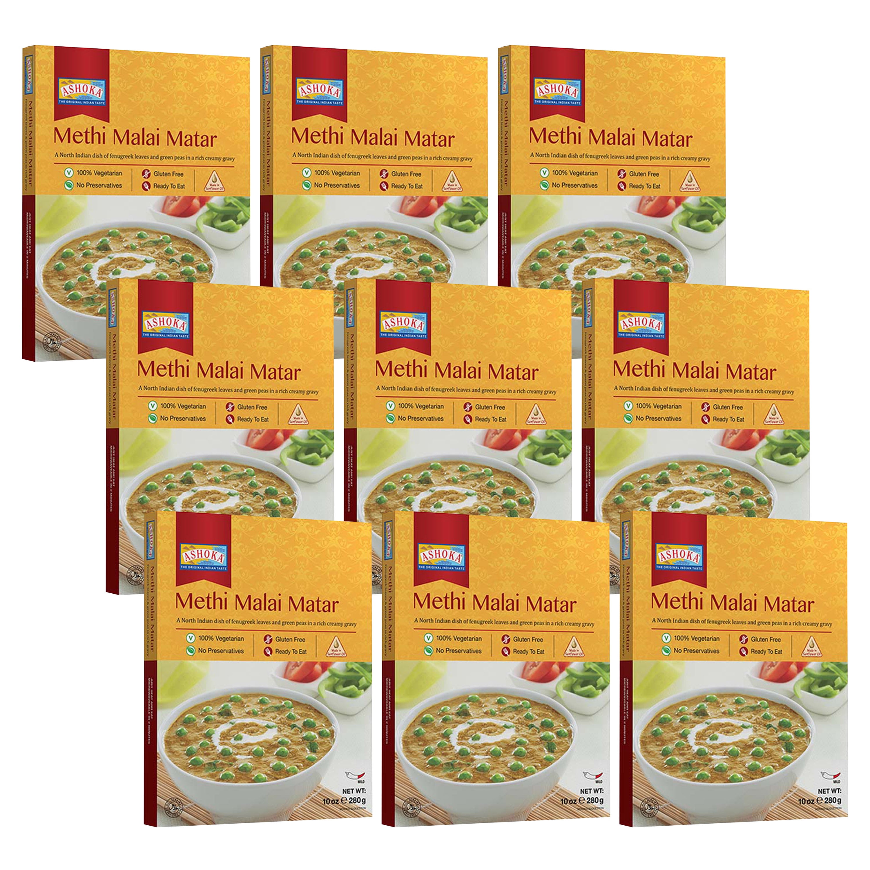 Ashoka All-Natural Meals 1932, Vegetarian Fenugreek Leaves & Green Peas, Kosher Certified, Ready to Eat Authentic Indian Meals, Methi Malai Matar, On the Go Meals, No Preservatives, Pack of 9
