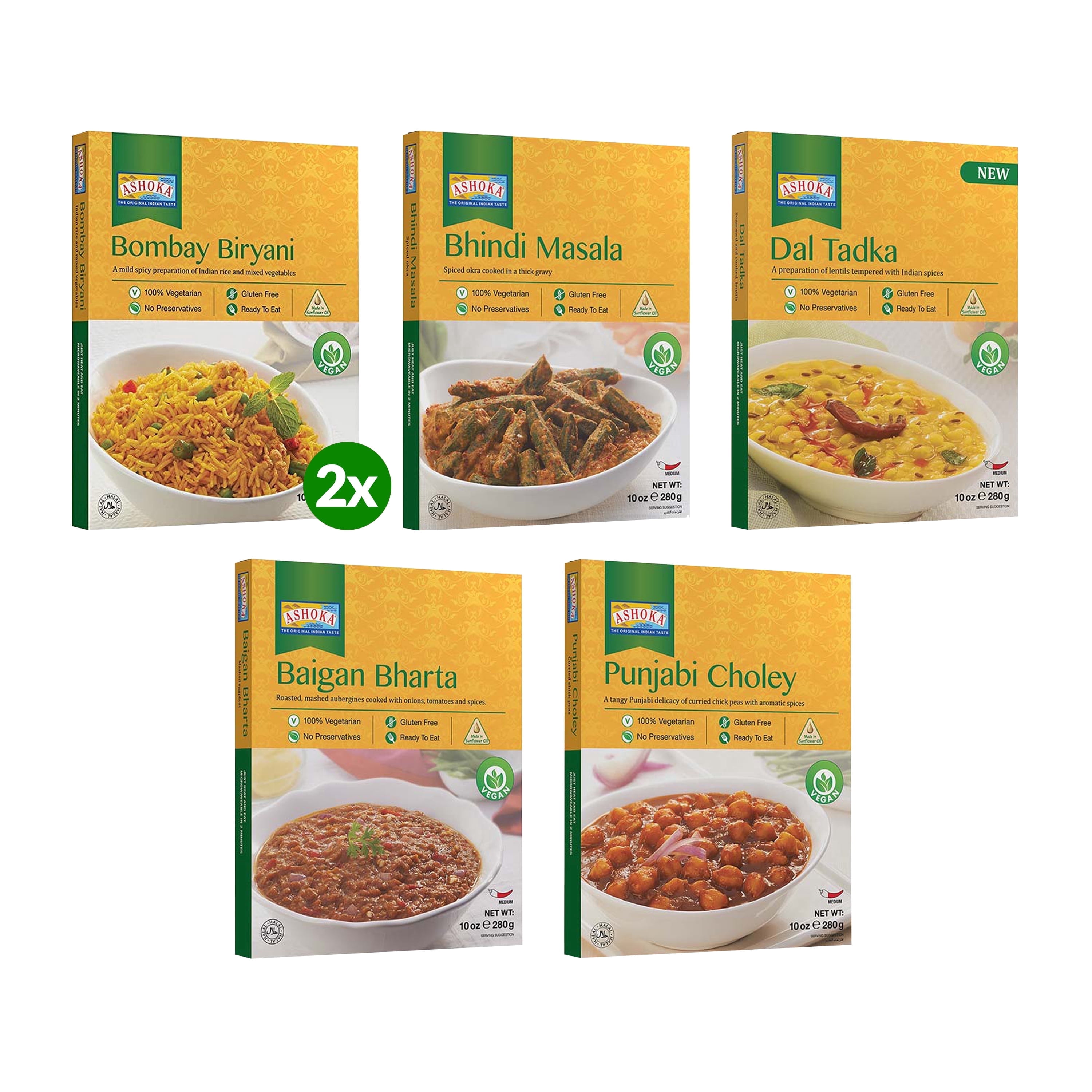 Ashoka Authentic Indian Meals 1932, Vegan Sampler Pack, Kosher Certified, Ready to Eat Meal Kit, All-Natural Microwave Friendly, Great for Hiking & Camping, Gluten-Free, No Preservatives, Pack of 6
