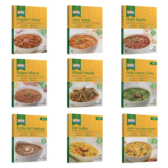 Ashoka Authentic Indian Meals 1932, Vegan Sampler Pack, Kosher Certified, Ready to Eat Meal Kit, All-Natural Microwave Friendly, Great for Hiking & Camping, Gluten-Free, No Preservatives, Pack of 9