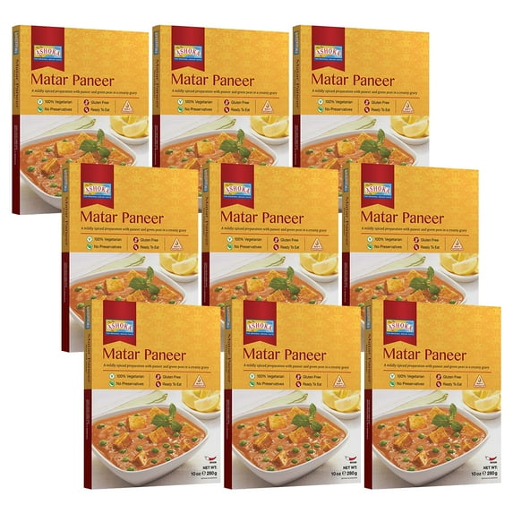 Ashoka Heat & Eat Entrees 1932, Vegetarian Green Peas & Cheese, Gluten-Free Indian Meals, Kosher Certified, All-Natural Matar Paneer, Travel Friendly, Portable, No Preservatives, Pack of 9