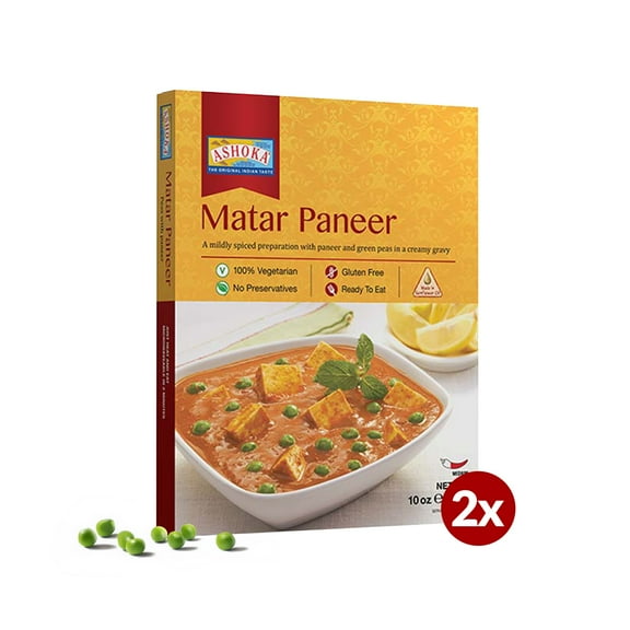 Ashoka Heat & Eat Entrees 1932, Vegetarian Green Peas & Cheese, Gluten-Free Indian Meals, Kosher Certified, All-Natural Matar Paneer, Travel Friendly, Portable, No Preservatives, Pack of 2