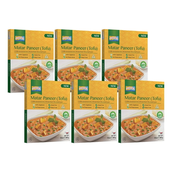 Ashoka Heat & Eat Meals 1932, Plant-Based Tofu & Green Peas Curry, Gluten-Free On the Go Meals, Kosher Certified, All-Natural Matar Paneer, Microwave Friendly with No Preservatives, Pack of 6
