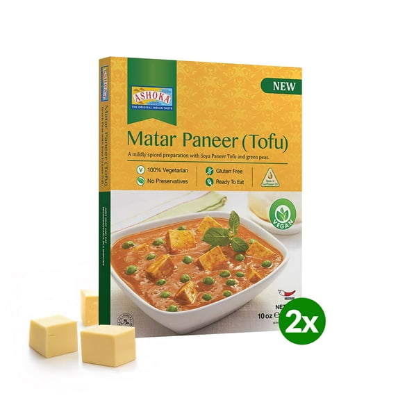 Ashoka Heat & Eat Meals 1932, Plant-Based Tofu & Green Peas Curry, Gluten-Free On the Go Meals, Kosher Certified, All-Natural Matar Paneer, Microwave Friendly with No Preservatives, Pack of 2