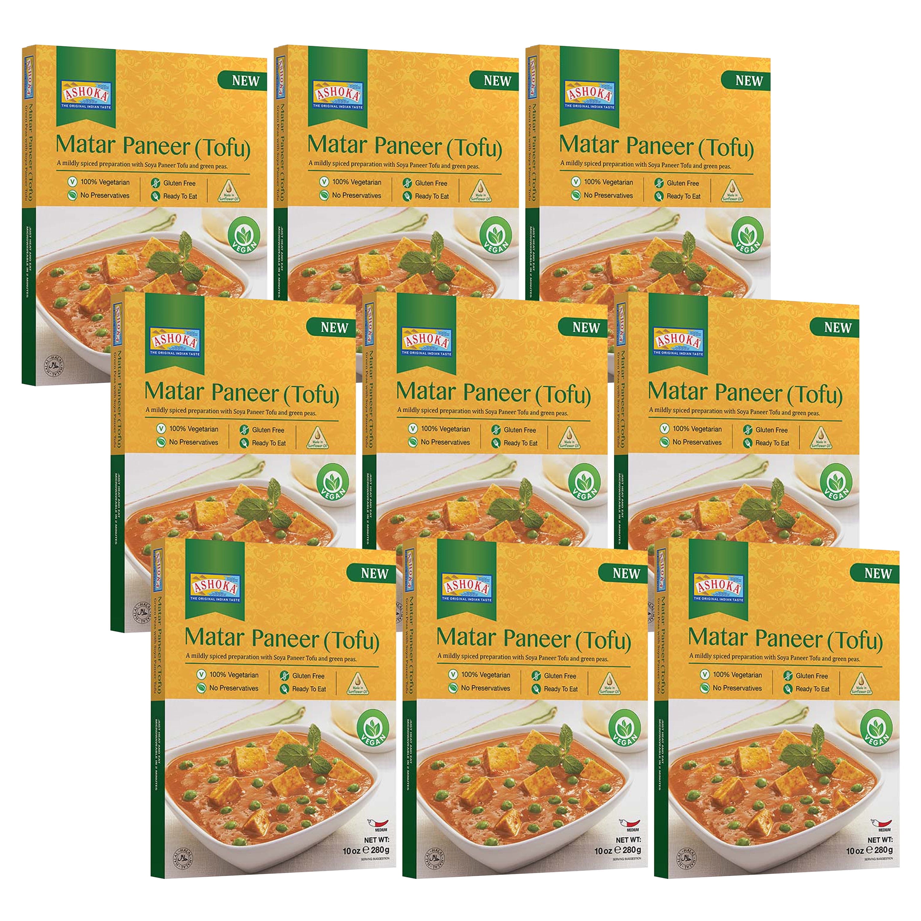 Ashoka Heat & Eat Meals 1932, Plant-Based Tofu & Green Peas Curry, Gluten-Free On the Go Meals, Kosher Certified, All-Natural Matar Paneer, Microwave Friendly with No Preservatives, Pack of 9