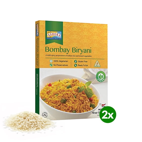 Ashoka Heat & Eat Rice 1932, Vegan Biryani Rice, All-Natural Instant Meals, Bombay Biryani, Kosher Certified Portable Lunch, Made from Aged Basmati Rice, Gluten-Free, No Preservatives, Pack of 2