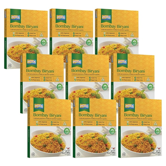 Ashoka Heat & Eat Rice 1932, Vegan Biryani Rice, All-Natural Instant Meals, Bombay Biryani, Kosher Certified Portable Lunch, Made from Aged Basmati Rice, Gluten-Free, No Preservatives, Pack of 9