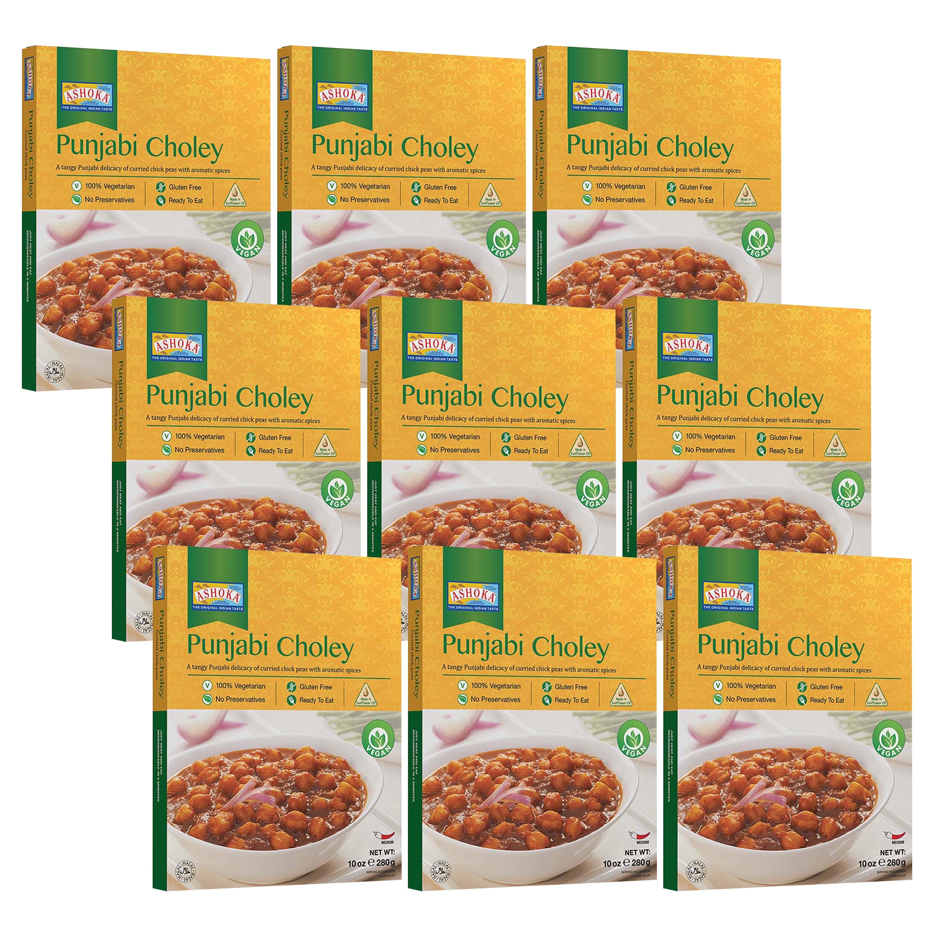 Ashoka Indian Entrees 1932, Vegan Savory Chickpeas, All-Natural, Heat & Serve Instant Meals, Punjabi Choley, Kosher Certified, Travel Friendly, Gluten-Free, and with No Preservatives, Pack of 9