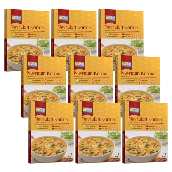 Ashoka Indian Meals 1932, Vegetarian Entry, Mixed Vegetables & Cheese, All-Natural Heat & Eat Navratan Korma, Kosher Certified, Microwave Ready Indian Meals, Gluten-Free, No Preservatives, Pack of 9