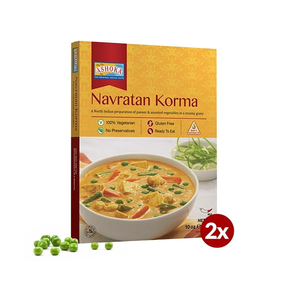 Ashoka Indian Meals 1932, Vegetarian Entry, Mixed Vegetables & Cheese, All-Natural Heat & Eat Navratan Korma, Kosher Certified, Microwave Ready Indian Meals, Gluten-Free, No Preservatives, Pack of 2