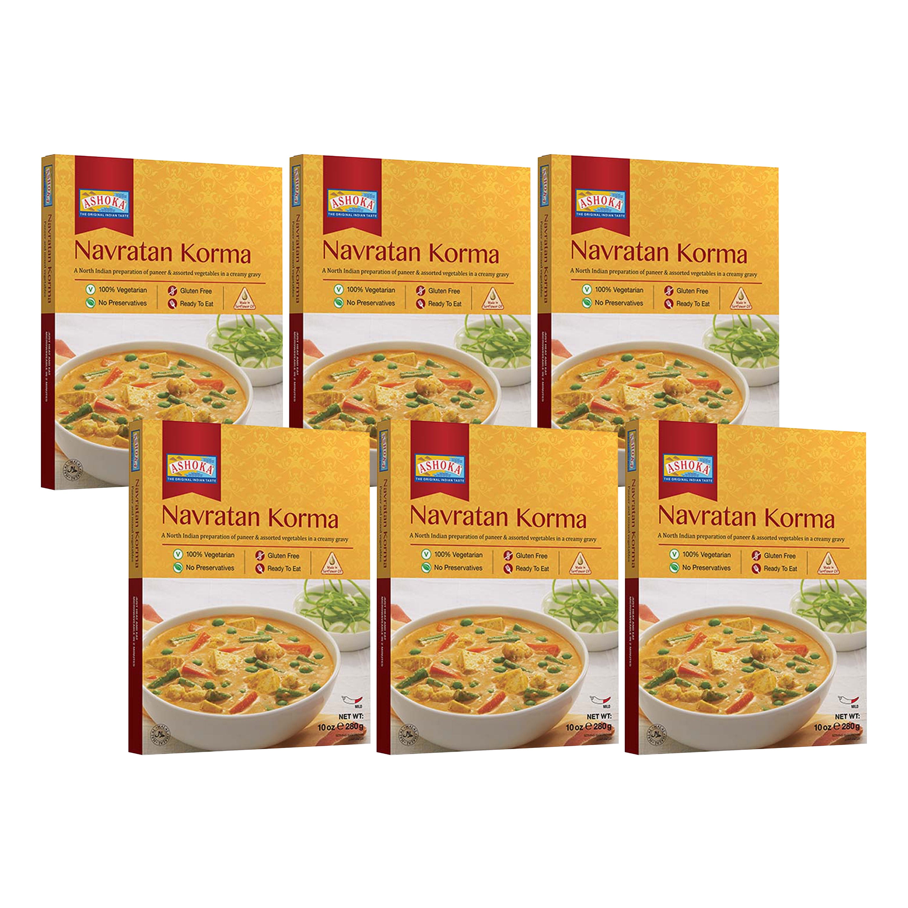 Ashoka Indian Meals 1932, Vegetarian Entry, Mixed Vegetables & Cheese, All-Natural Heat & Eat Navratan Korma, Kosher Certified, Microwave Ready Indian Meals, Gluten-Free, No Preservatives, Pack of 6