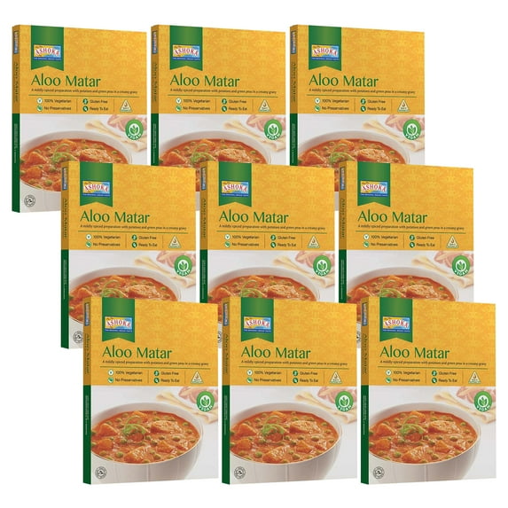 Ashoka Instant Meals 1932, All-Natural Vegan Potatoes & Peas, Kosher Certified Microwaveable Meals, Ready to Eat Indian Food, Aloo Matar, Flavorful Lunch Meal, No Preservatives, Pack of 9