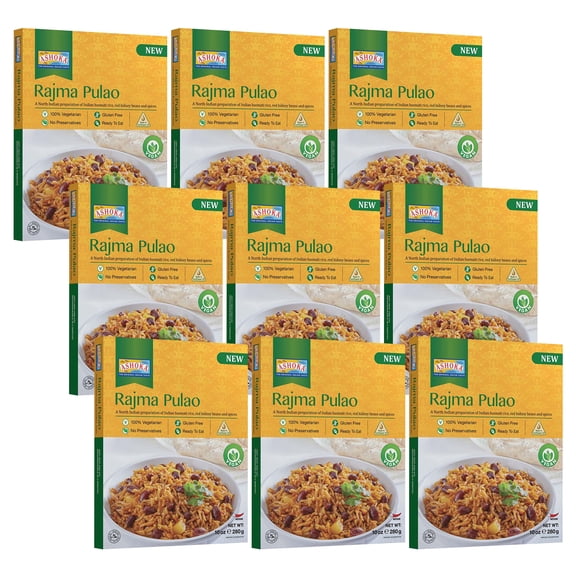 Ashoka Meals 1932, Authentic Indian Cuisine, Vegan Red Kidney Beans Rice, All-Natural, Aged Basmati Rice, Heat & Serve Real Rajma Pulao, Kosher Certified with No Preservatives, Pack of 9