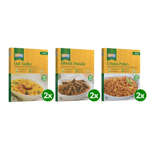 Ashoka Meals 1932, Heat & Eat Meal Kit, Customer Favorites, Kosher Certified, Plant-Based Variety Pack, On the Go Meal, Great for Picnics, Authentic Indian Food, No Preservatives, Pack of 6