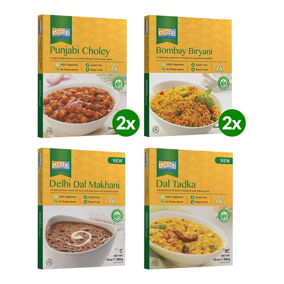 Ashoka Meals 1932, Plant-Based Meal Kit, Beans 'n Rice Variety Pack, Heat & Serve Meals, Kosher Certified, All-Natural Indian Food, Microwave Friendly, Gluten-Free, No Preservatives, Pack of 6