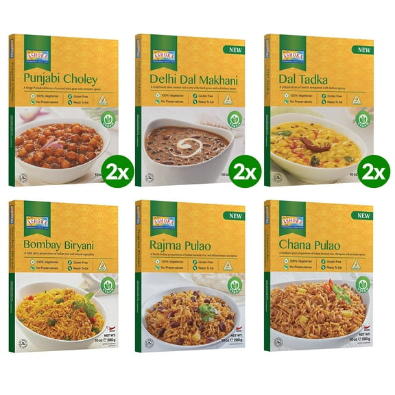 Ashoka Meals 1932, Plant-Based Meal Kit, Beans 'n Rice Variety Pack, Heat & Serve Meals, Kosher Certified, All-Natural Indian Food, Microwave Friendly, Gluten-Free, No Preservatives, Pack of 9
