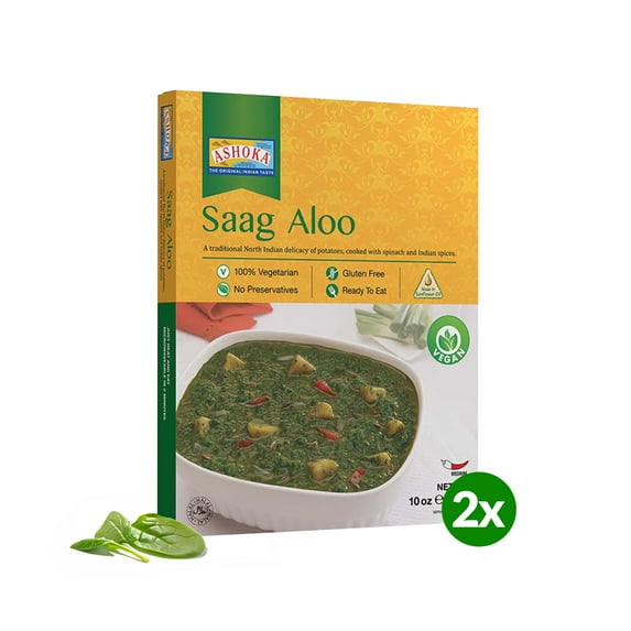 Ashoka Meals 1932, Vegan Spinach & Potato, All-Natural, Heat & Serve Microwaveable Indian Food, Saag Aloo, Kosher Certified, Great for Outdoors, Gluten-Free & with No Preservatives, Pack of 2