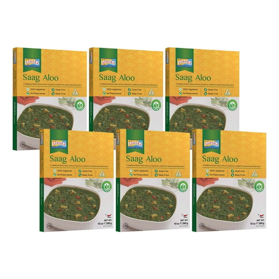 Ashoka Meals 1932, Vegan Spinach & Potato, All-Natural, Heat & Serve Microwaveable Indian Food, Saag Aloo, Kosher Certified, Great for Outdoors, Gluten-Free & with No Preservatives, Pack of 6