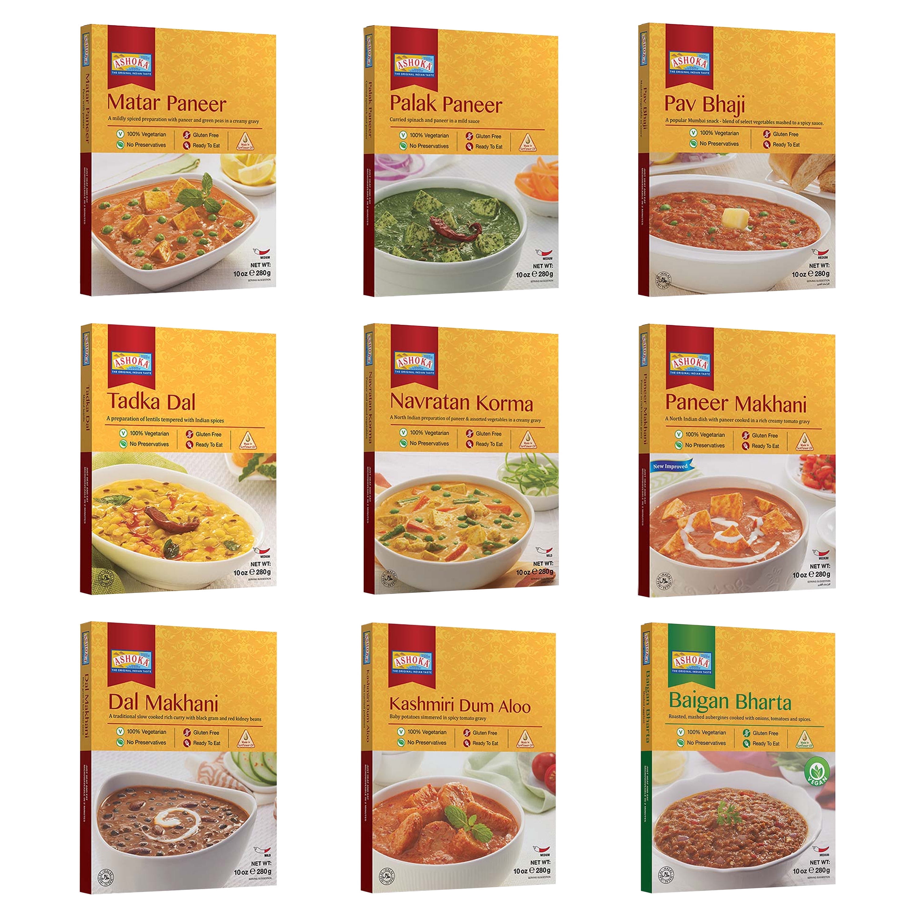Ashoka Microwaveable Entrees 1932, Vegetarian Sampler Kit, Heat & Serve Meal Pack, Kosher Certified Variety Pack, Authentic Indian Cuisine, Instant Meals, Gluten-Free with No Preservatives, Pack of 9