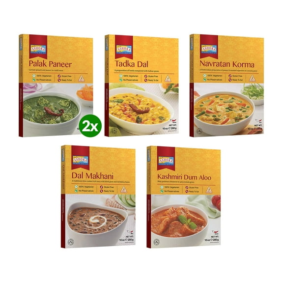 Ashoka Microwaveable Entrees 1932, Vegetarian Sampler Kit, Heat & Serve Meal Pack, Kosher Certified Variety Pack, Authentic Indian Cuisine, Instant Meals, Gluten-Free with No Preservatives, Pack of 6
