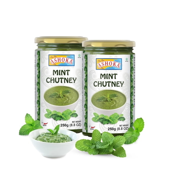 Ashoka Mint Chutney | Made with Mint Leaves & Lemon Juice | Vegan | Kosher Certified | Original Indian Cuisine Since 1932 | Gluten-Free | Great for BBQs, Wings, and Salads | Pack of 2