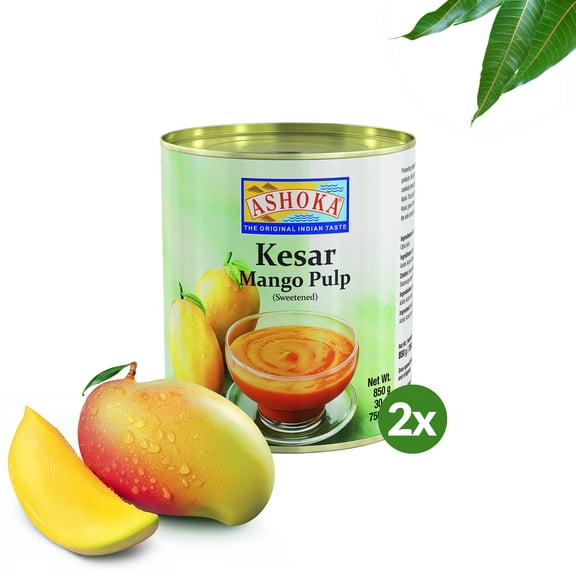 Ashoka Premium Mango Puree, Sweetened Kesar Mango Pulp, Great for Smoothies, Juices, Baking, and Eating as Whole, Rich Mango Concentrate from India, 30 Ounce (Pack of 2)