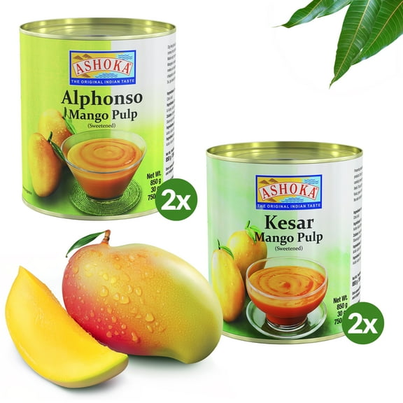 Ashoka Premium Mango Puree Variety Pack, Kesar & Alphonso Mango Pulp, Great for Smoothies, Juices, Baking, and Eating as Whole, Rich Mango Concentrate from India, 30 Ounce (Pack of 4)