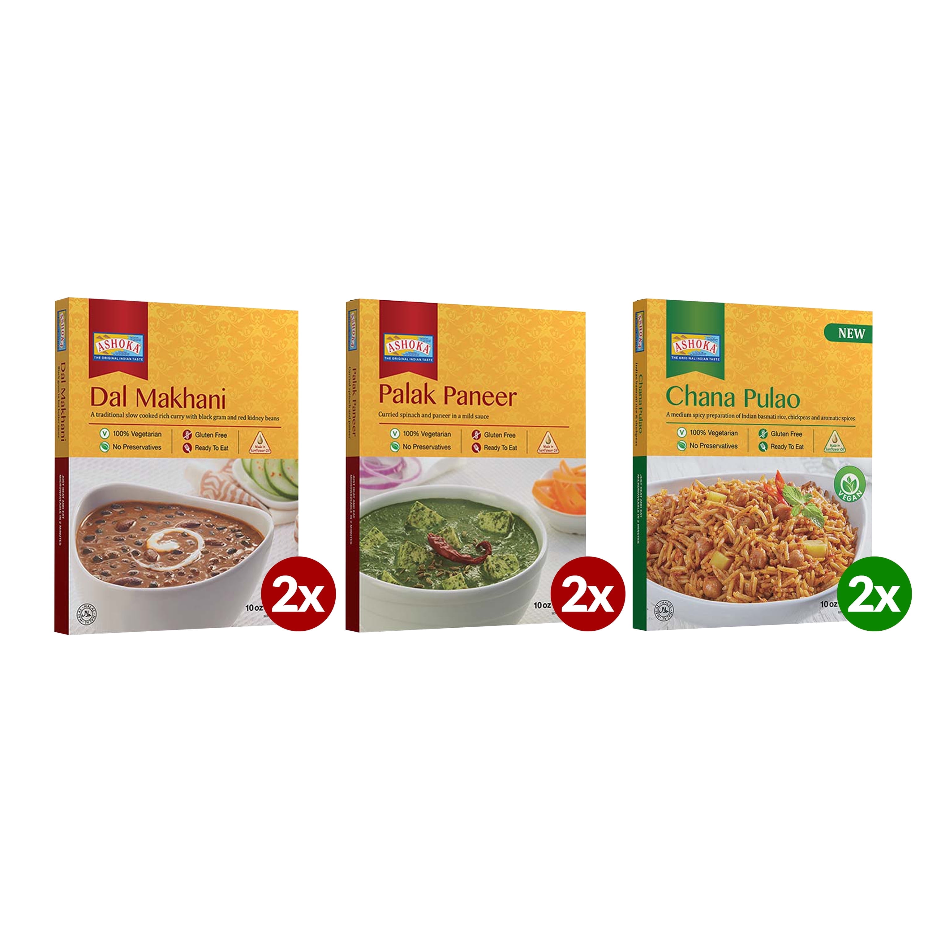Ashoka Ready to Eat Meals 1932, Vegetarian Meal Kit, All-Natural Variety Pack, Kosher Certified, Traditionally Cooked Indian Food, Travel Friendly, Gluten-Free & with No Preservatives, Pack of 6