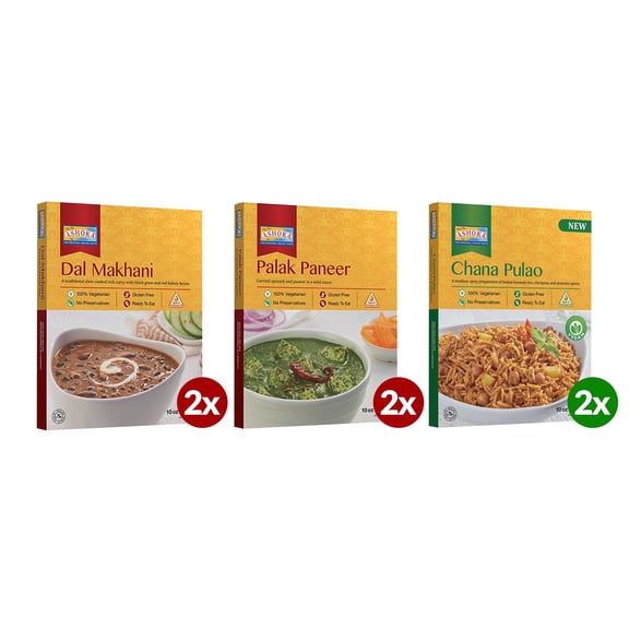 Ashoka Ready to Eat Meals 1932, Vegetarian Meal Kit, All-Natural Variety Pack, Kosher Certified, Traditionally Cooked Indian Food, Travel Friendly, Gluten-Free & with No Preservatives, Pack of 6