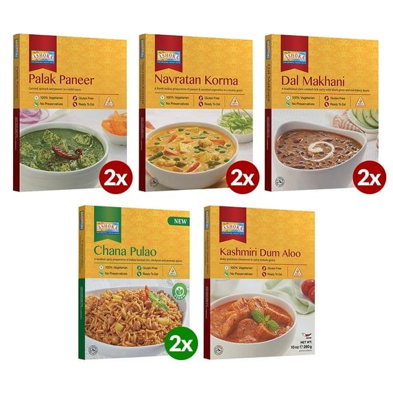 Ashoka Ready to Eat Meals 1932, Vegetarian Meal Kit, All-Natural Variety Pack, Kosher Certified, Traditionally Cooked Indian Food, Travel Friendly, Gluten-Free & with No Preservatives, Pack of 9