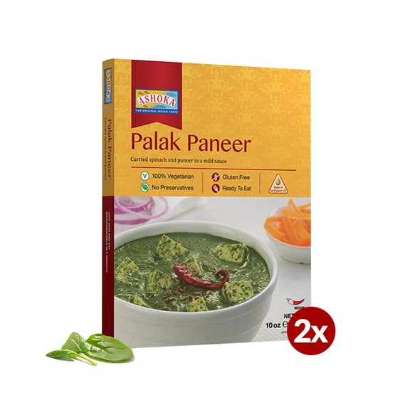 Ashoka Ready to Heat Meals 1932, Vegetarian Spinach Cheese Curry, Kosher Certified, All-Natural Portable Meals, Authentic Palak Paneer, Great for Picnics, No Preservatives, Pack of 2