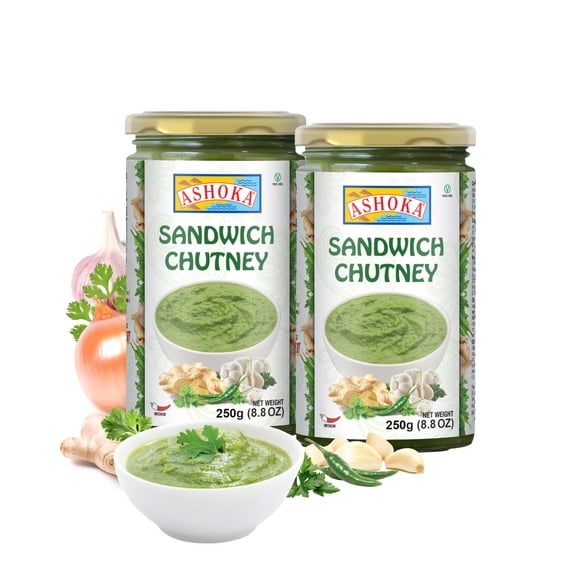 Ashoka Sandwich Chutney | Made with Coriander Leaves, Lemon Juice & Fresh Garlic | Vegan | Kosher Certified | Authentic Indian Recipe Since 1932 | Great as a Sandwich Spread | Pack of 2